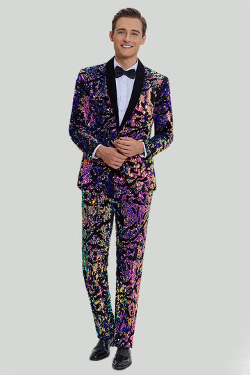 Purple Sequins Mens Two-Piece Prom Suit Shawl Lapel One Button Tuxedo